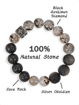 SENLLY Obsidian Rift - Beaded Stretch Bracelet with Natural Black Herkimer Diamond, Lava Rock & Silver Obsidian, Handcrafted Natural Stone Jewelry for Strength, Focus & Grounding