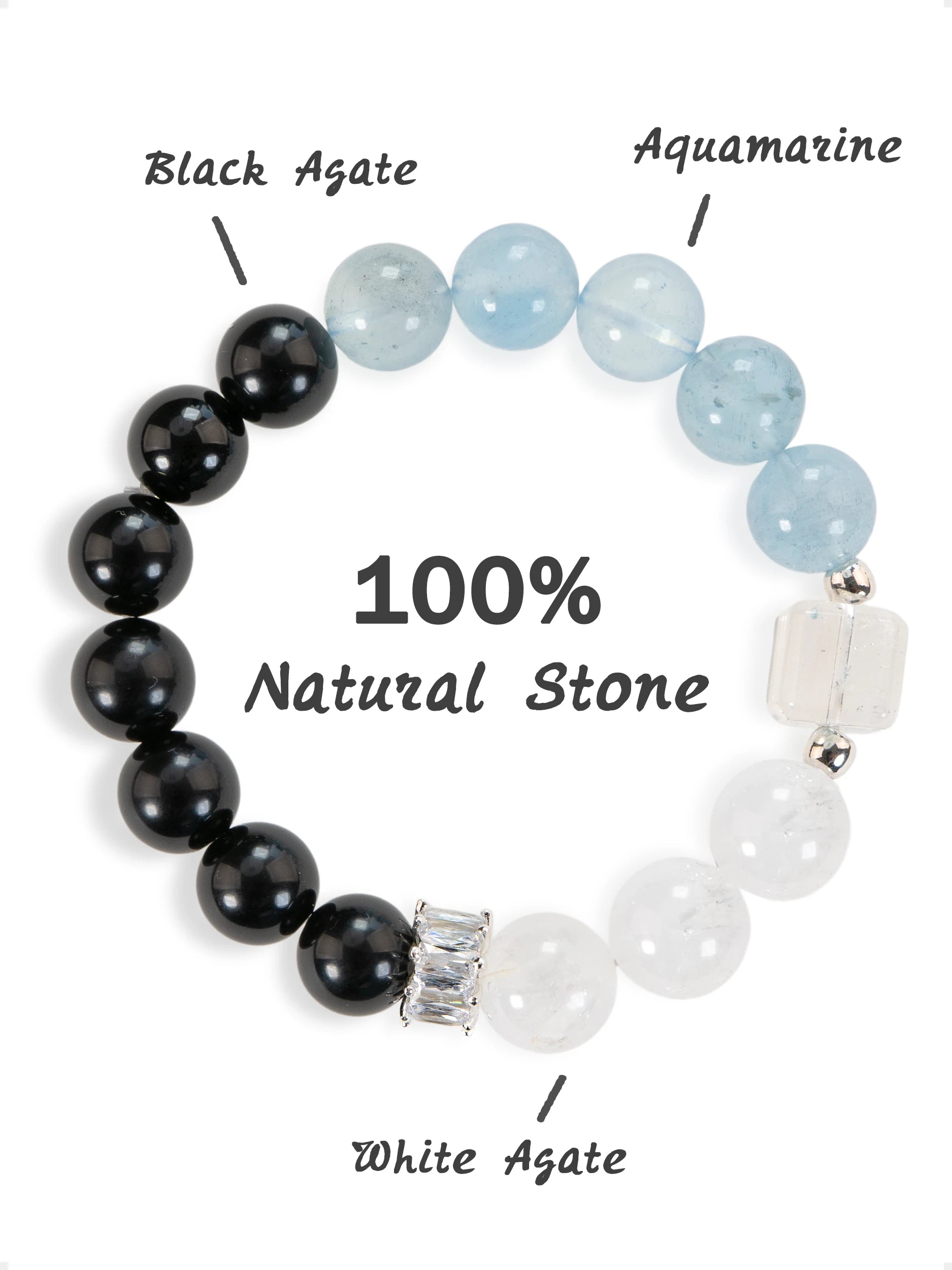 SENLLY Ocean Breath - Beaded Stretch Bracelet with Aquamarine, White Agate & Black Agate, Handmade Natural Stone Jewelry for Calm, Balance & Clarity