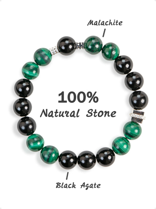 SENLLY Forest Guard - Handmade Malachite & Black Agate Bracelet, Natural Stone Beaded Stretch Jewelry for Strength & Balance