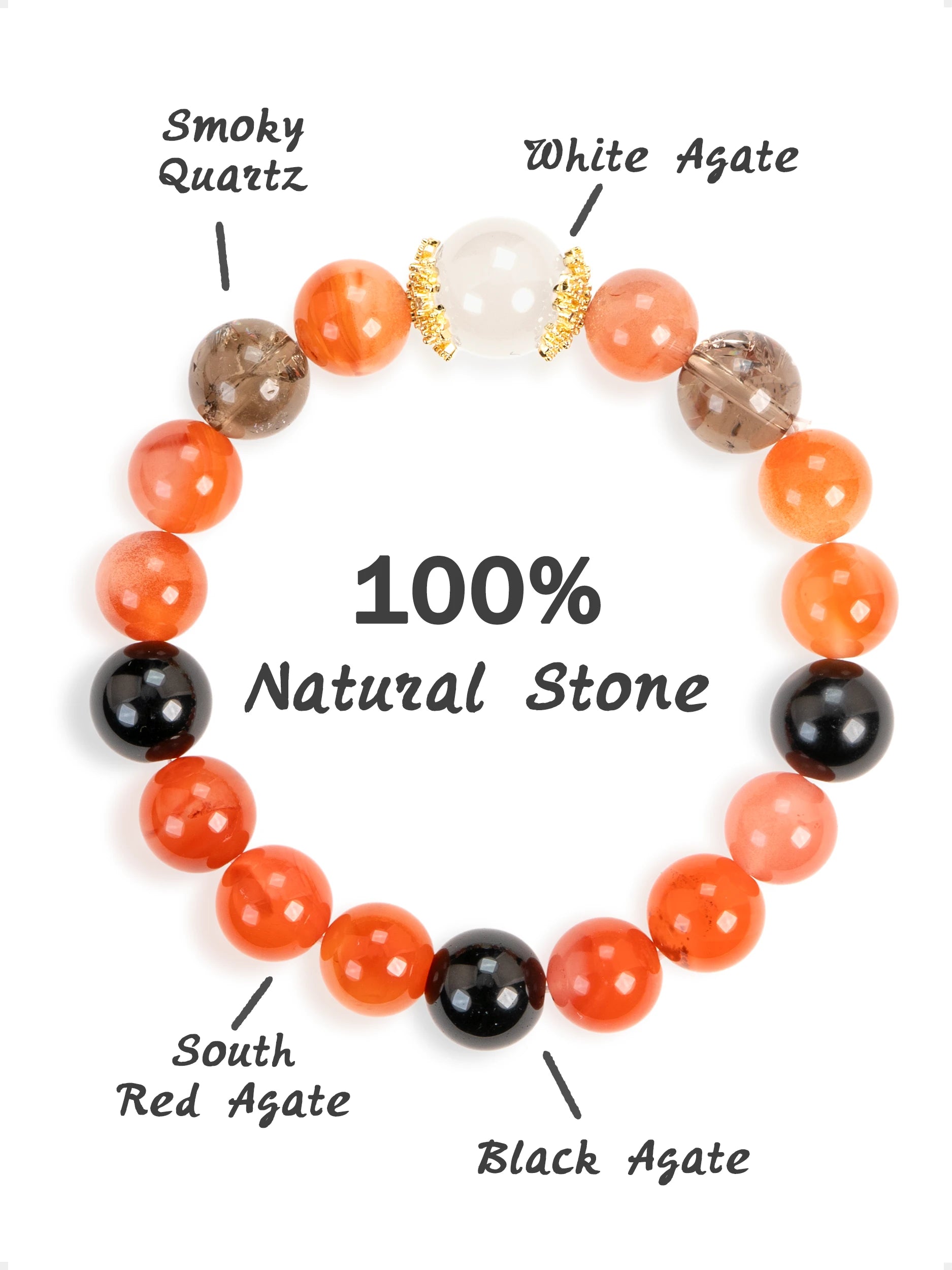 SENLLY Ember Harmony - Beaded Stretch Bracelet with Natural South Red Agate, White Agate, Smoky Quartz & Black Agate, Handcrafted Natural Stone Jewelry for Energy, Balance & Confidence