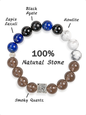 SENLLY Midnight Axis - Beaded Stretch Bracelet with Natural Lapis Lazuli, Black Agate & Smoky Quartz, Handcrafted Natural Stone Jewelry for Focus, Stability & Grounding