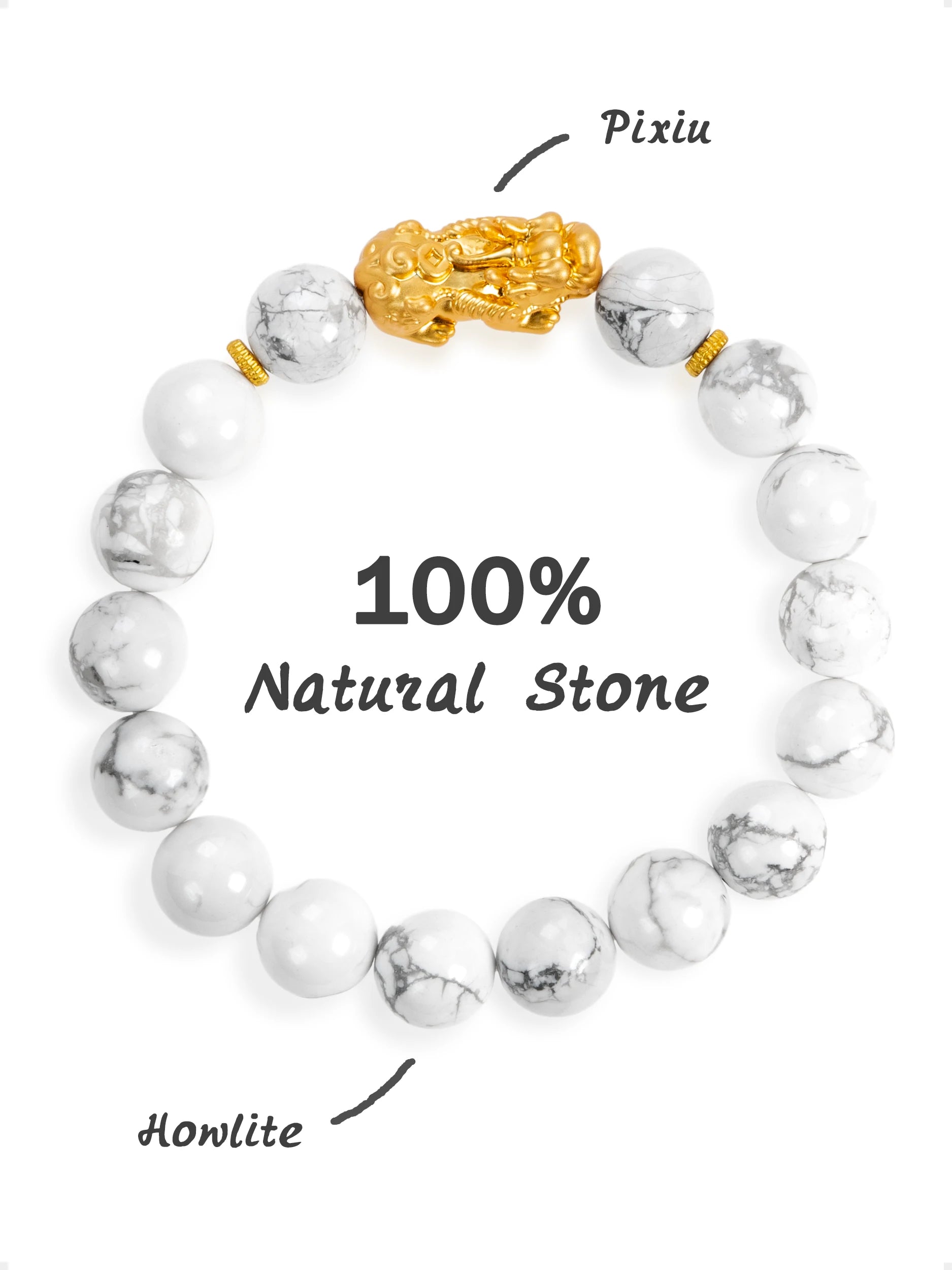 SENLLY Marble Calm - Beaded Stretch Bracelet with Howlite & Brass Pixiu Charm, Handmade Natural Stone Jewelry for Calm, Balance & Clarity