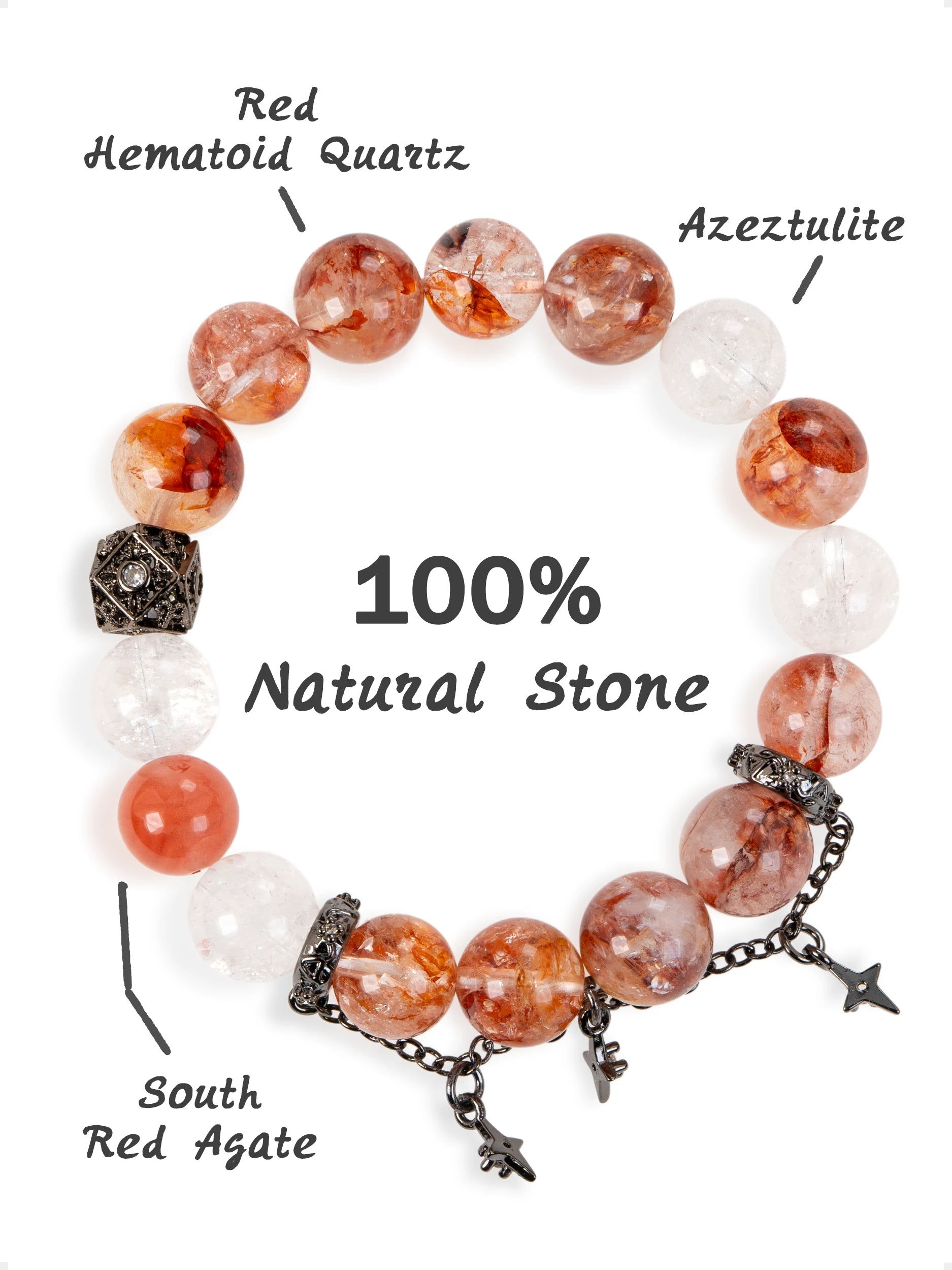 SENLLY Crimson Nova - Beaded Stretch Bracelet with Natural Red Hematoid Quartz, Azeztulite & South Red Agate, Handcrafted Natural Stone Jewelry for Energy, Confidence & Emotional Strength