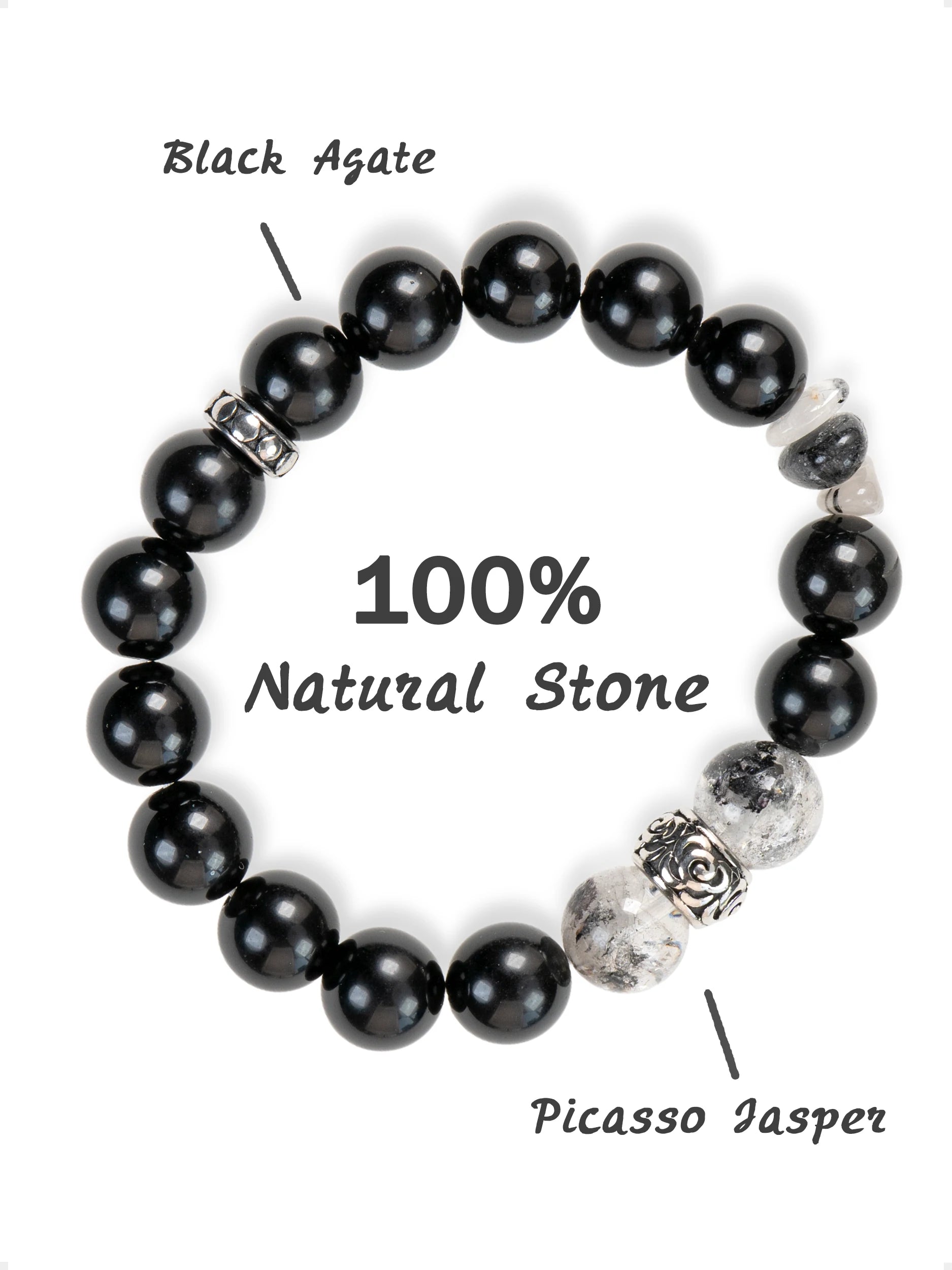 SENLLY Monochrome Muse - Black Agate Bracelet with Picasso Jasper Accents, Handcrafted Natural Stone Jewelry for Balance, Clarity & Modern Minimalism