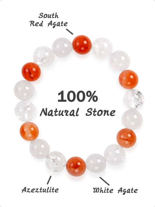 SENLLY Ember Balance - Beaded Stretch Bracelet with South Red Agate, Azeztulite & White Agate, Handcrafted Natural Stone Jewelry for Vitality, Calm & Clarity