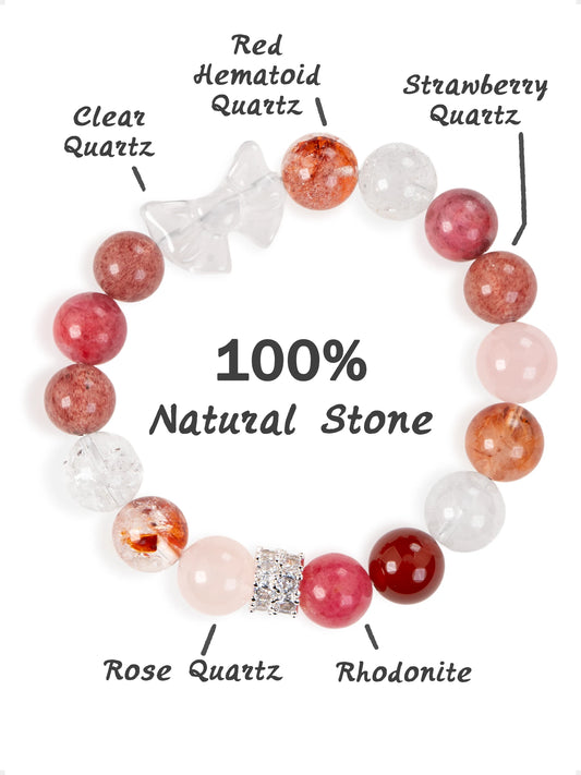 SENLLY Rosy Flutter - Beaded Stretch Bracelet with Natural Strawberry Quartz, Hematoid Quartz & Rose Quartz, Handcrafted Natural Stone Jewelry for Love, Clarity & Emotional Harmony