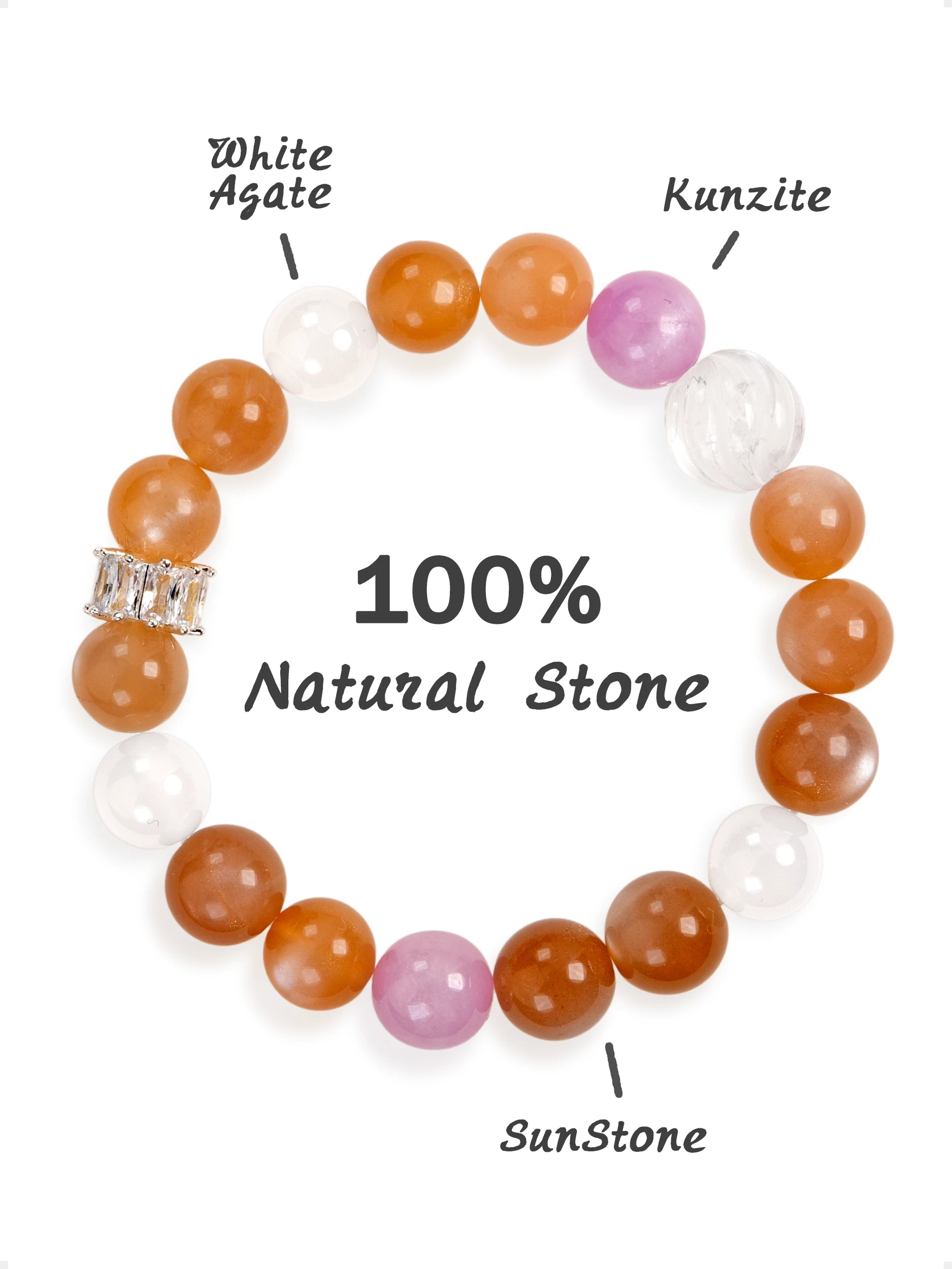 SENLLY Golden Dawn - Beaded Stretch Bracelet with Natural Sunstone, Kunzite & White Agate, Handcrafted Natural Stone Jewelry for Warmth, Joy & Emotional Balance