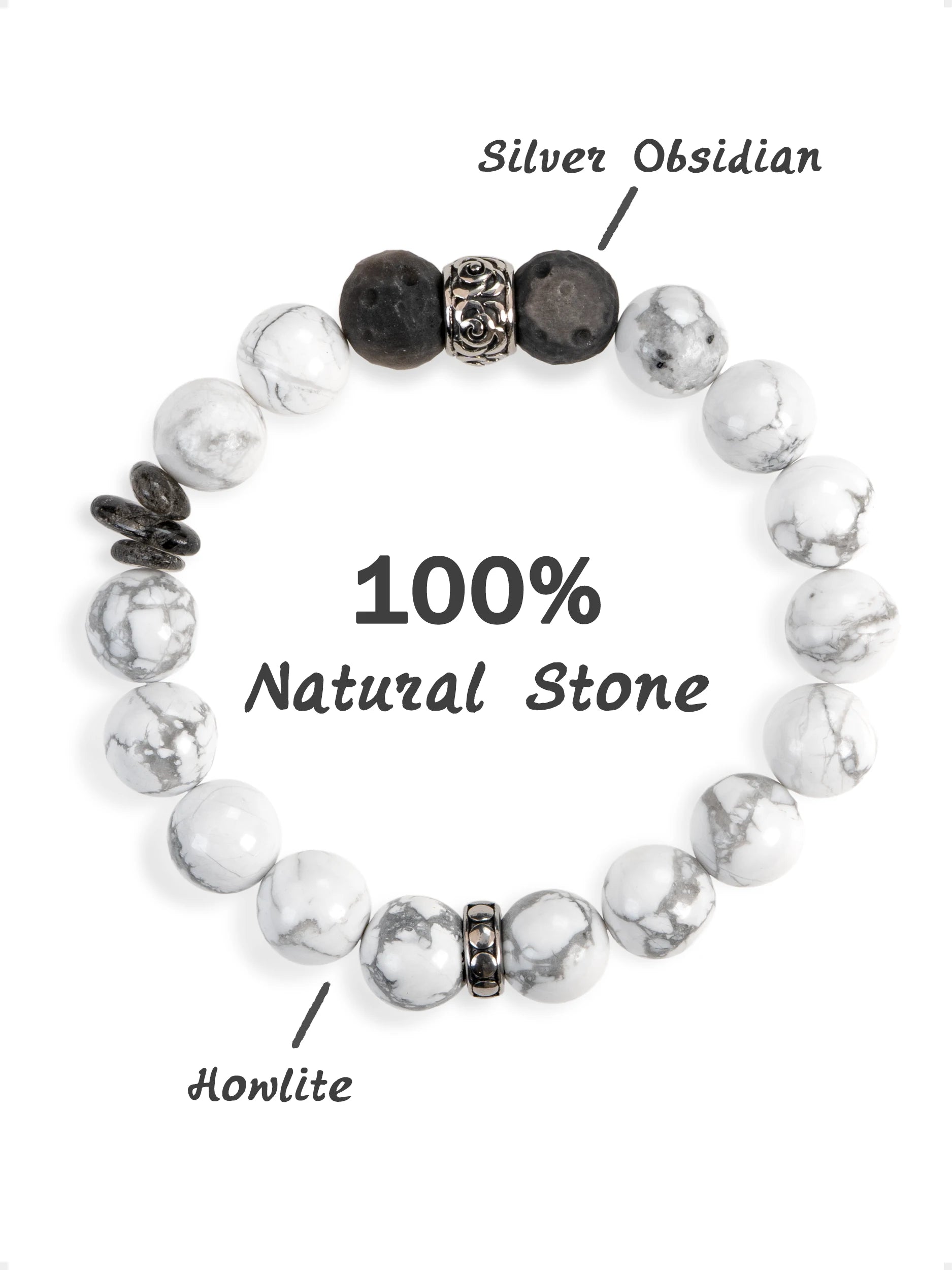SENLLY Arctic Balance - Howlite & Silver Obsidian Bracelet, Handcrafted Natural Stone Jewelry for Calm Clarity & Modern Minimalism