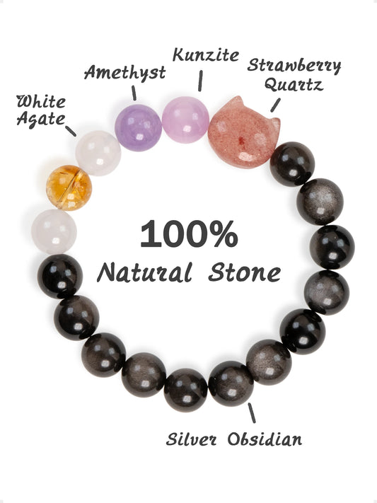 SENLLY Mystic Paws - Beaded Stretch Bracelet with Natural Silver Obsidian, Strawberry Quartz & Kunzite, Handcrafted Natural Stone Jewelry for Calm, Balance & Emotional Clarity