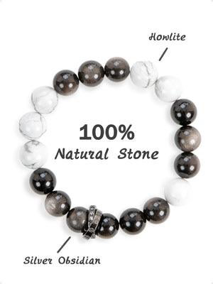 SENLLY Marble Shadow - Beaded Stretch Bracelet with Silver Obsidian & Howlite, Handcrafted Natural Stone Jewelry for Balance, Calm & Clarity