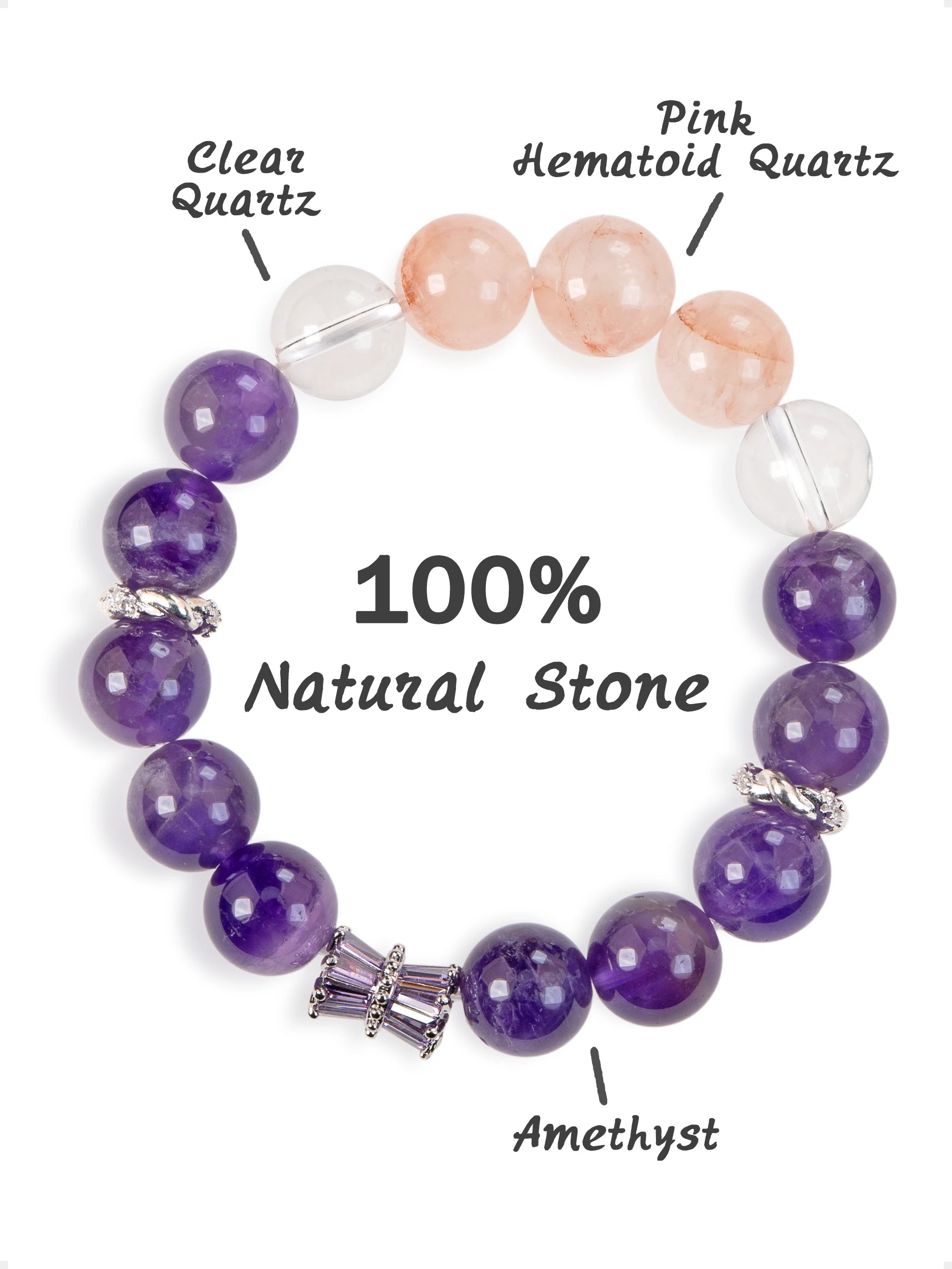 SENLLY Lavender Aura - Beaded Stretch Bracelet with Natural Amethyst, Clear Quartz & Pink Hematoid Quartz, Handcrafted Natural Stone Jewelry for Calm Clarity & Elegant Color Balance