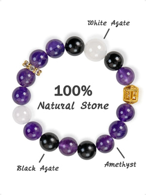 SENLLY Mystic Balance - Natural Amethyst, Black Agate & White Agate Beaded Bracelet, Handcrafted Stretch Stone Jewelry for Calm, Focus & Protection