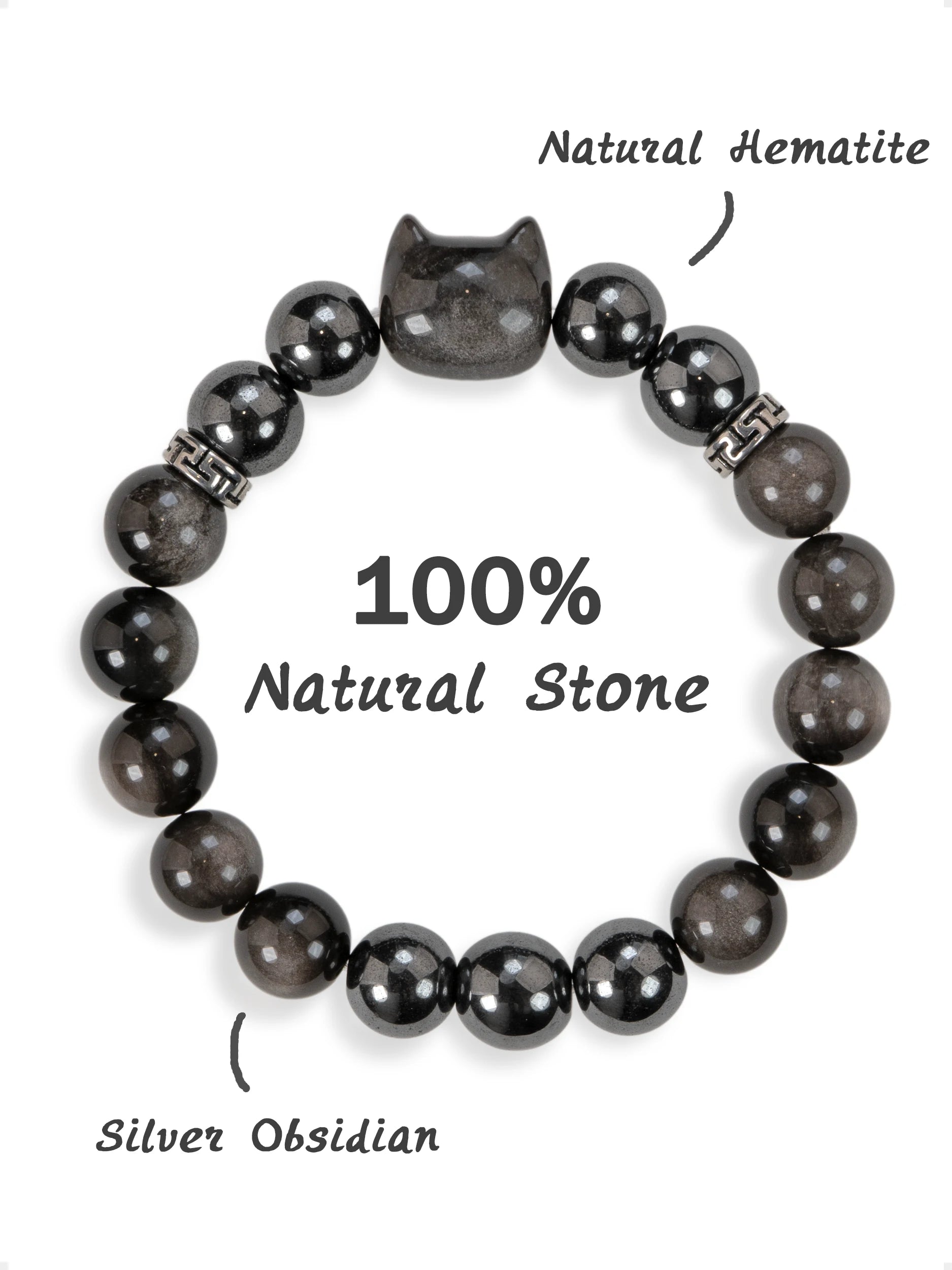 SENLLY Steel Shadow Guardian - Beaded Stretch Bracelet with Silver Obsidian, Hematite & Cat Head Carving, Handmade Natural Stone Jewelry for Protection, Focus & Balance