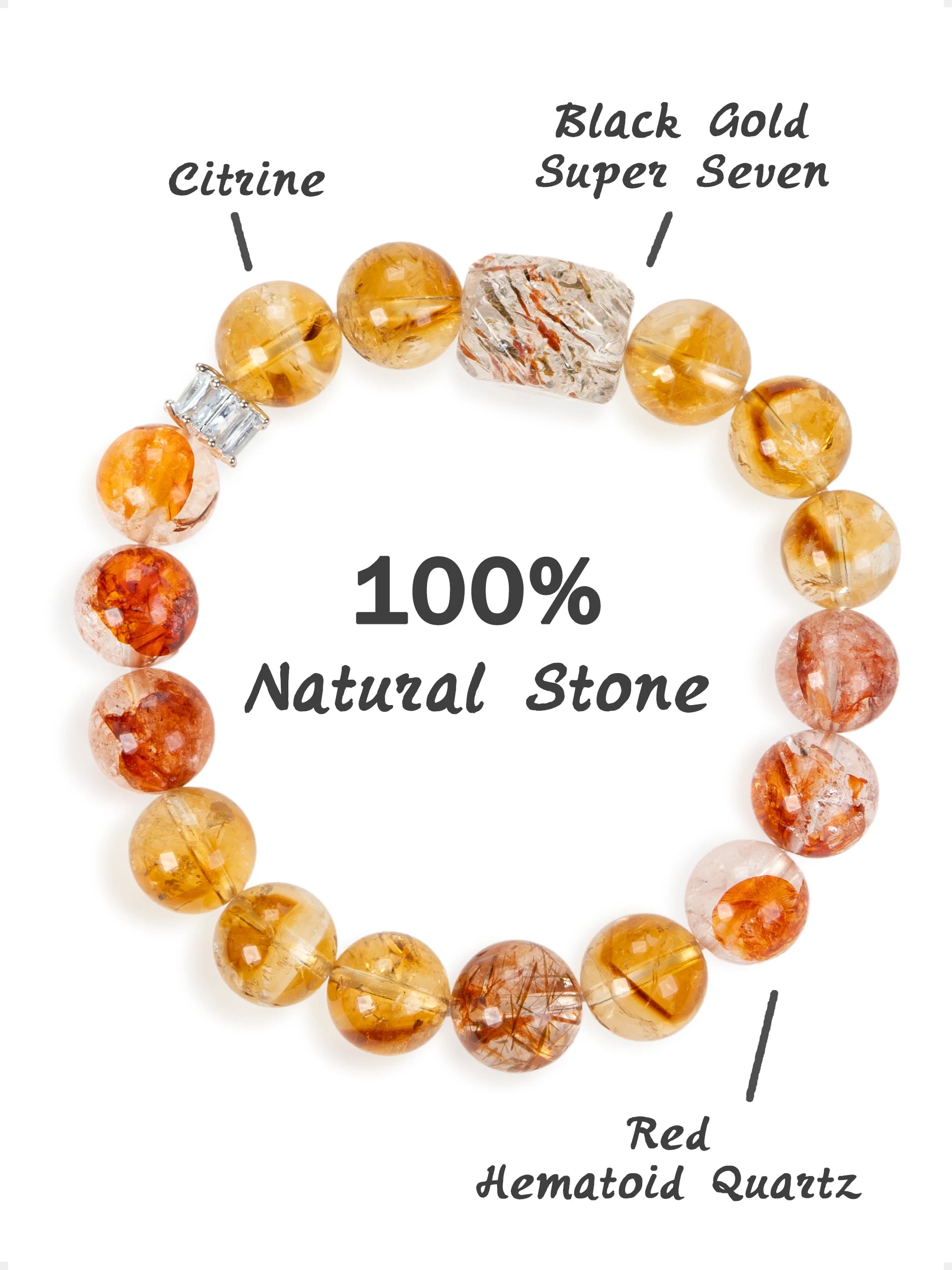 SENLLY Golden Ember - Beaded Stretch Bracelet with Citrine, Black Gold Super Seven & Red Hematoid Quartz, Handmade Natural Stone Jewelry for Clarity, Balance & Renewal