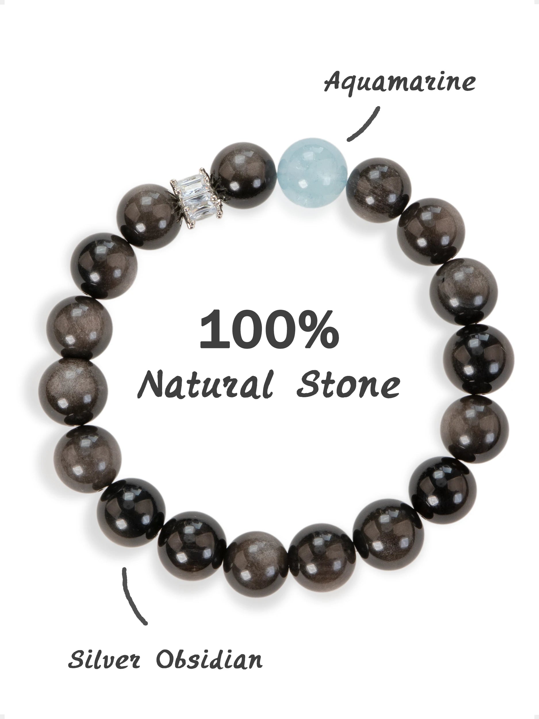 SENLLY Midnight Tide - Beaded Stretch Bracelet with Silver Obsidian & Aquamarine, Handmade Natural Stone Jewelry for Protection, Clarity & Calm Energy