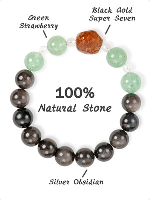 SENLLY Forest Shadow Harmony - Beaded Bracelet with Natural Green Strawberry Quartz, Silver Obsidian & Clear Quartz, Handcrafted Natural Stone Jewelry Featuring a Black Gold Super Seven Centerpiece