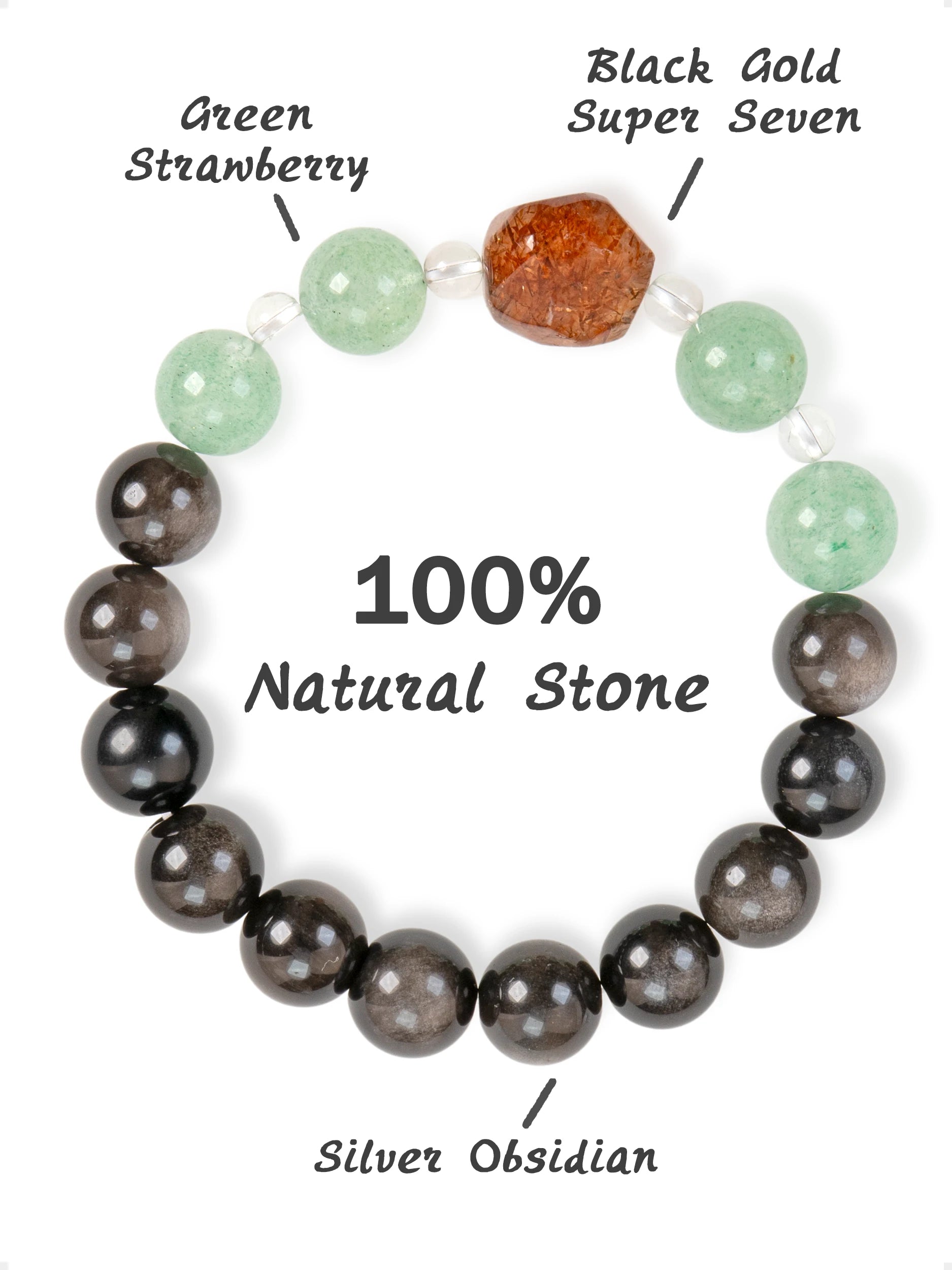 SENLLY Forest Shadow Harmony - Beaded Bracelet with Natural Green Strawberry Quartz, Silver Obsidian & Clear Quartz, Handcrafted Natural Stone Jewelry Featuring a Black Gold Super Seven Centerpiece