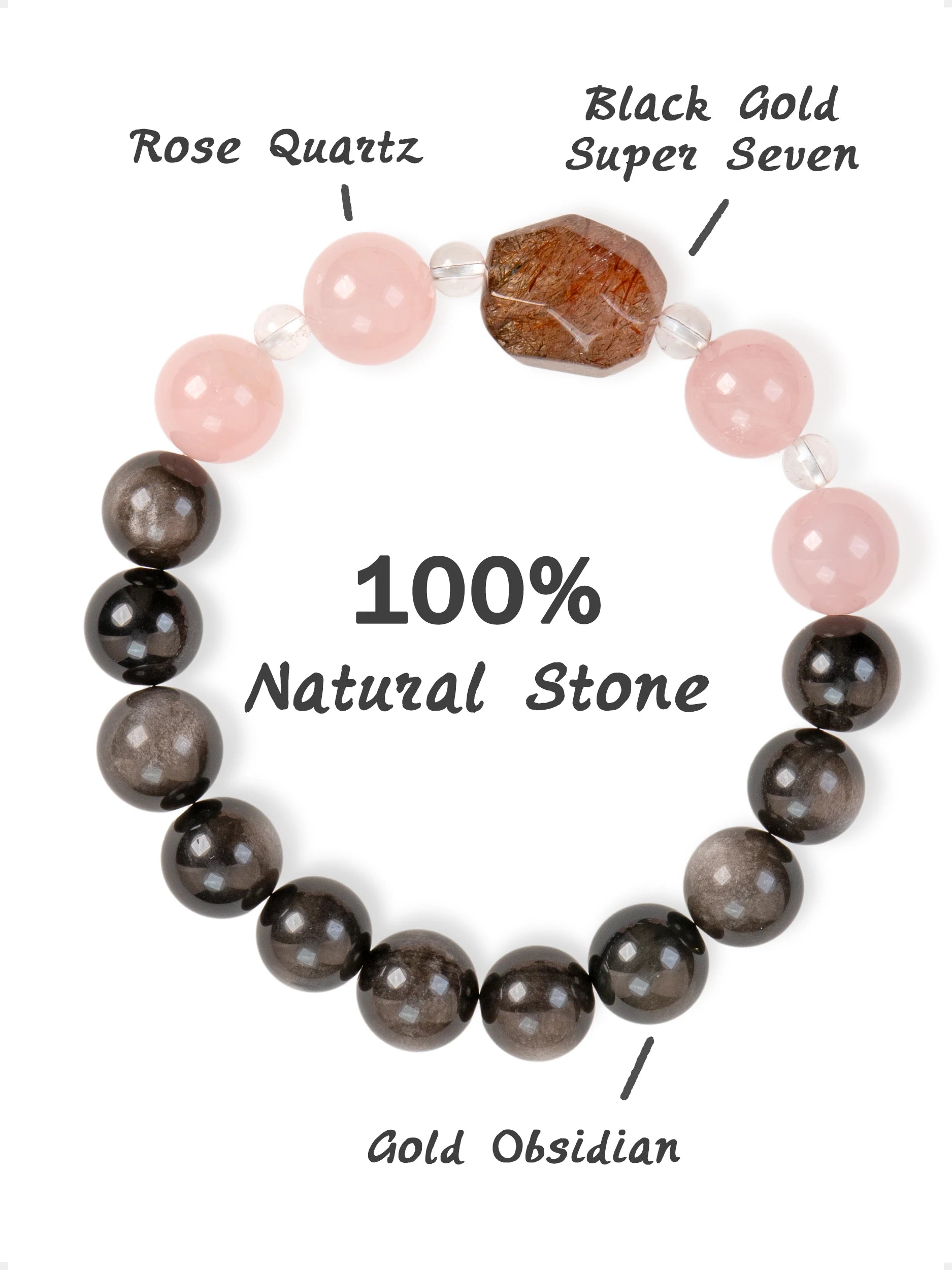 SENLLY Midnight Rose Aura - Beaded Bracelet with Natural Rose Quartz, Gold Obsidian & Clear Quartz, Handcrafted Natural Stone Jewelry Featuring a Black Gold Super Seven Centerpiece