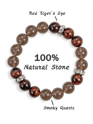 SENLLY Ember Resolve - Natural Red Tiger Eye & Smoky Quartz Beaded Bracelet, Handcrafted Natural Stone Jewelry for Strength, Focus & Grounding