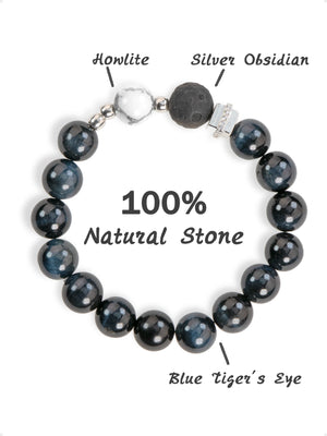 SENLLY Midnight Aegis - Beaded Stretch Bracelet with Natural Blue Tiger Eye, Silver Obsidian & Howlite, Handcrafted Natural Stone Jewelry for Strength, Focus & Grounding