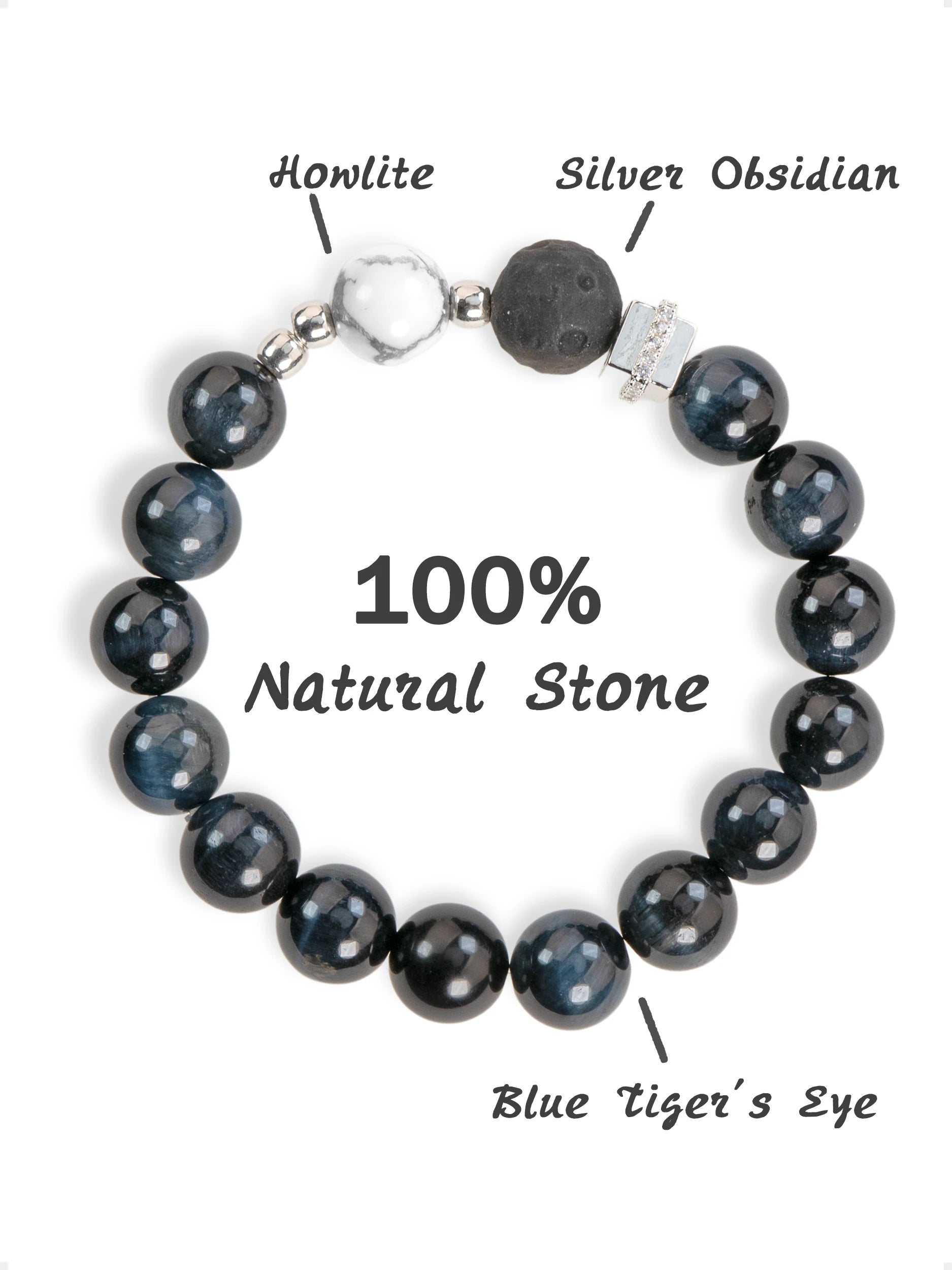 SENLLY Midnight Aegis - Beaded Stretch Bracelet with Natural Blue Tiger Eye, Silver Obsidian & Howlite, Handcrafted Natural Stone Jewelry for Strength, Focus & Grounding