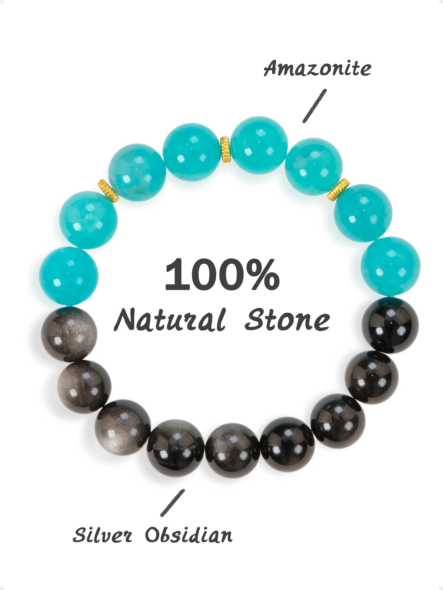 SENLLY Aqua Balance - Beaded Stretch Bracelet with Amazonite & Silver Obsidian, Handcrafted Natural Stone Jewelry for Calm, Clarity & Confidence
