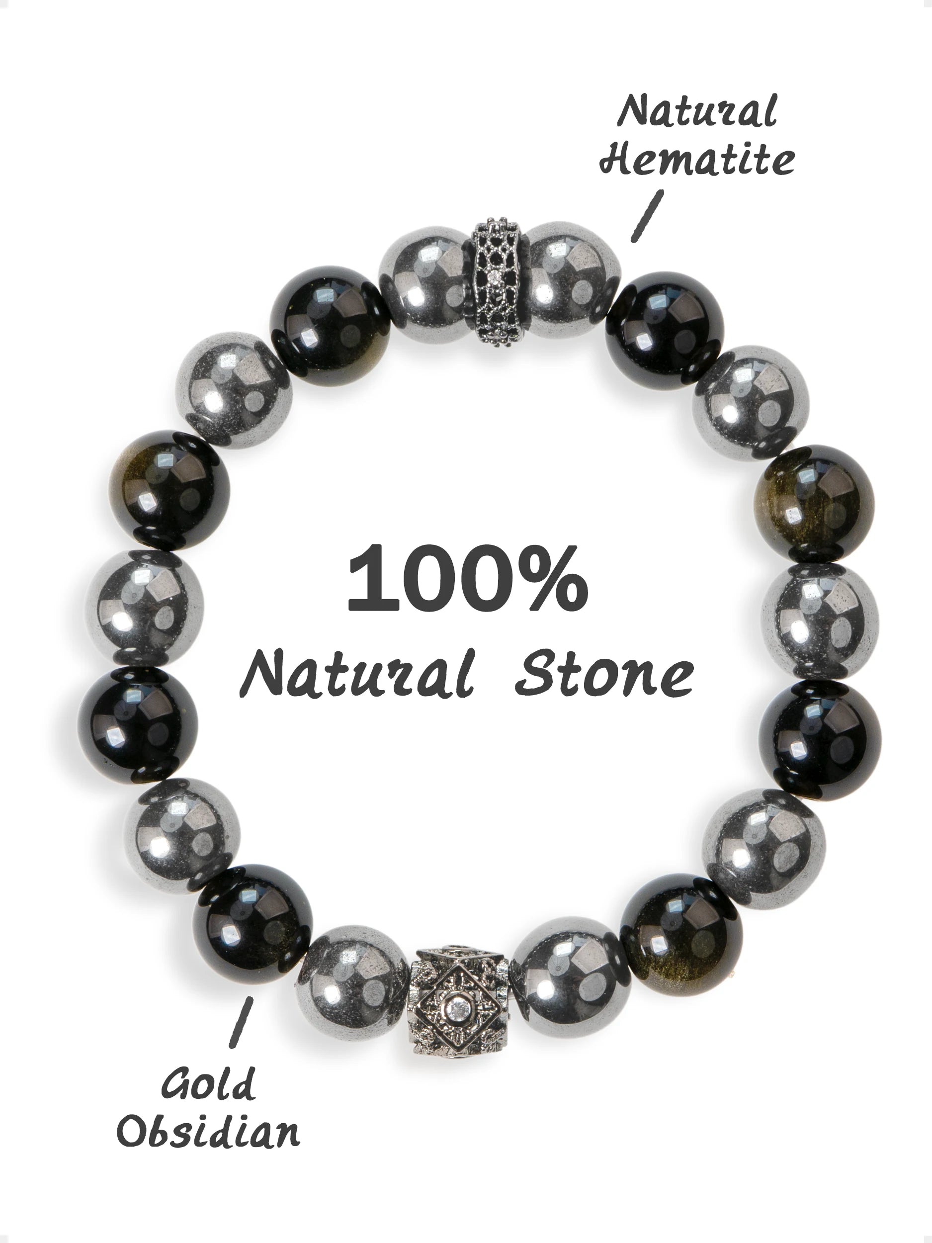 SENLLY Shadow Alloy - Beaded Stretch Bracelet with Natural Hematite & Gold Obsidian, Handmade Natural Stone Jewelry for Strength, Balance & Grounding