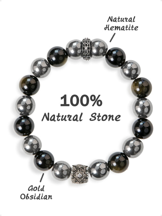 SENLLY Shadow Alloy - Beaded Stretch Bracelet with Natural Hematite & Gold Obsidian, Handmade Natural Stone Jewelry for Strength, Balance & Grounding
