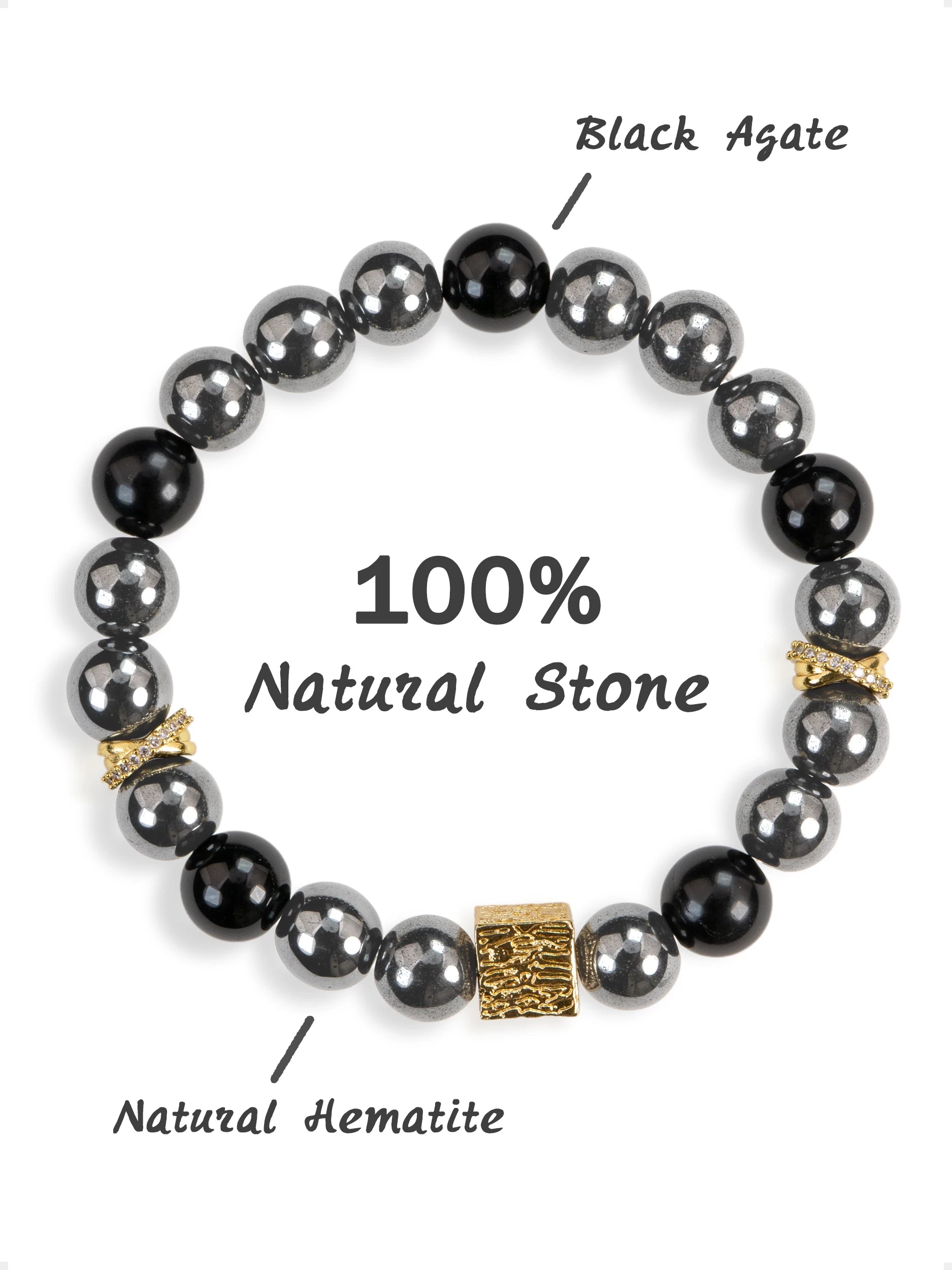 SENLLY Obsidian Forge - Handmade Black Agate & Natural Hematite Bracelet with Gold Square Accent, Natural Stone Beaded Stretch Jewelry