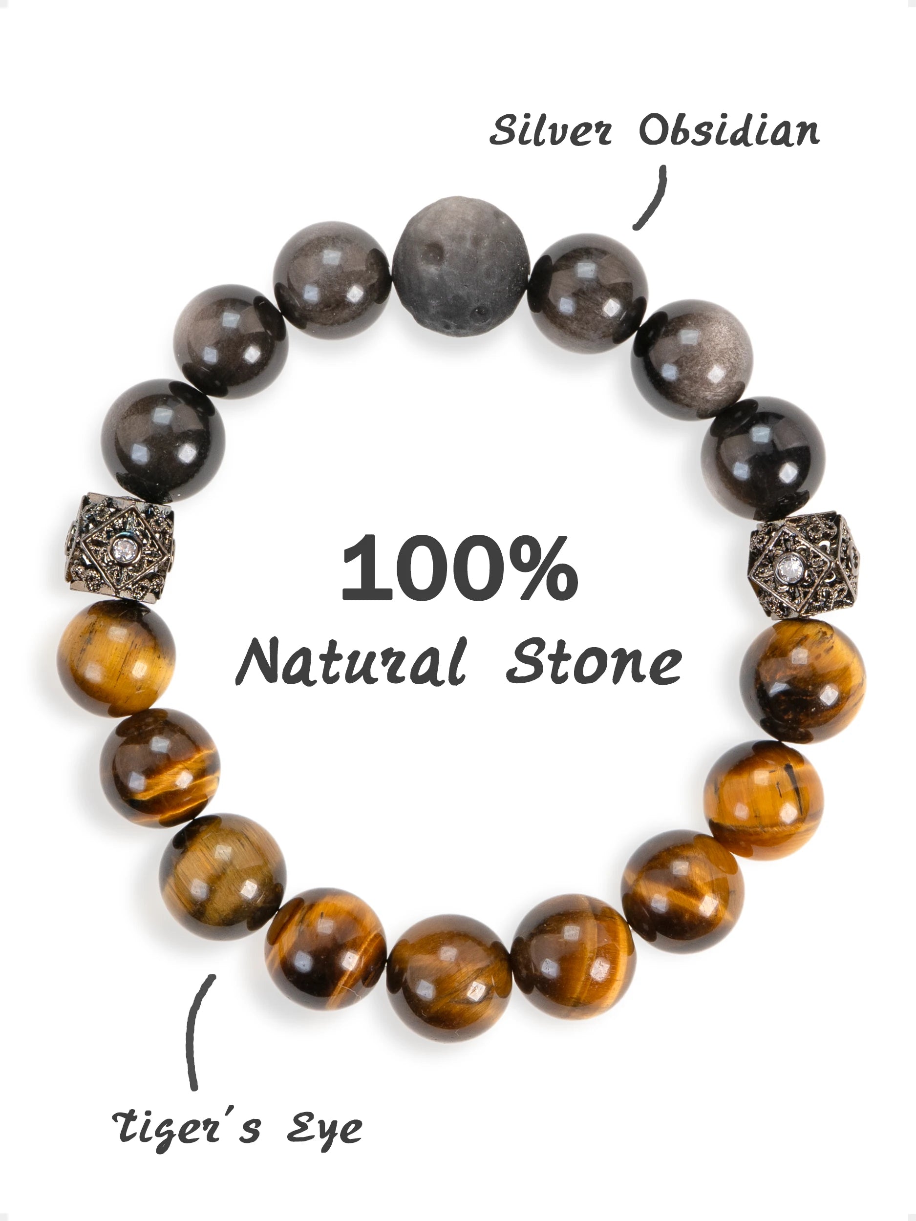 SENLLY Ember Balance - Beaded Stretch Bracelet with Tiger Eye & Silver Obsidian, Handmade Natural Stone Jewelry for Confidence, Grounding & Focus