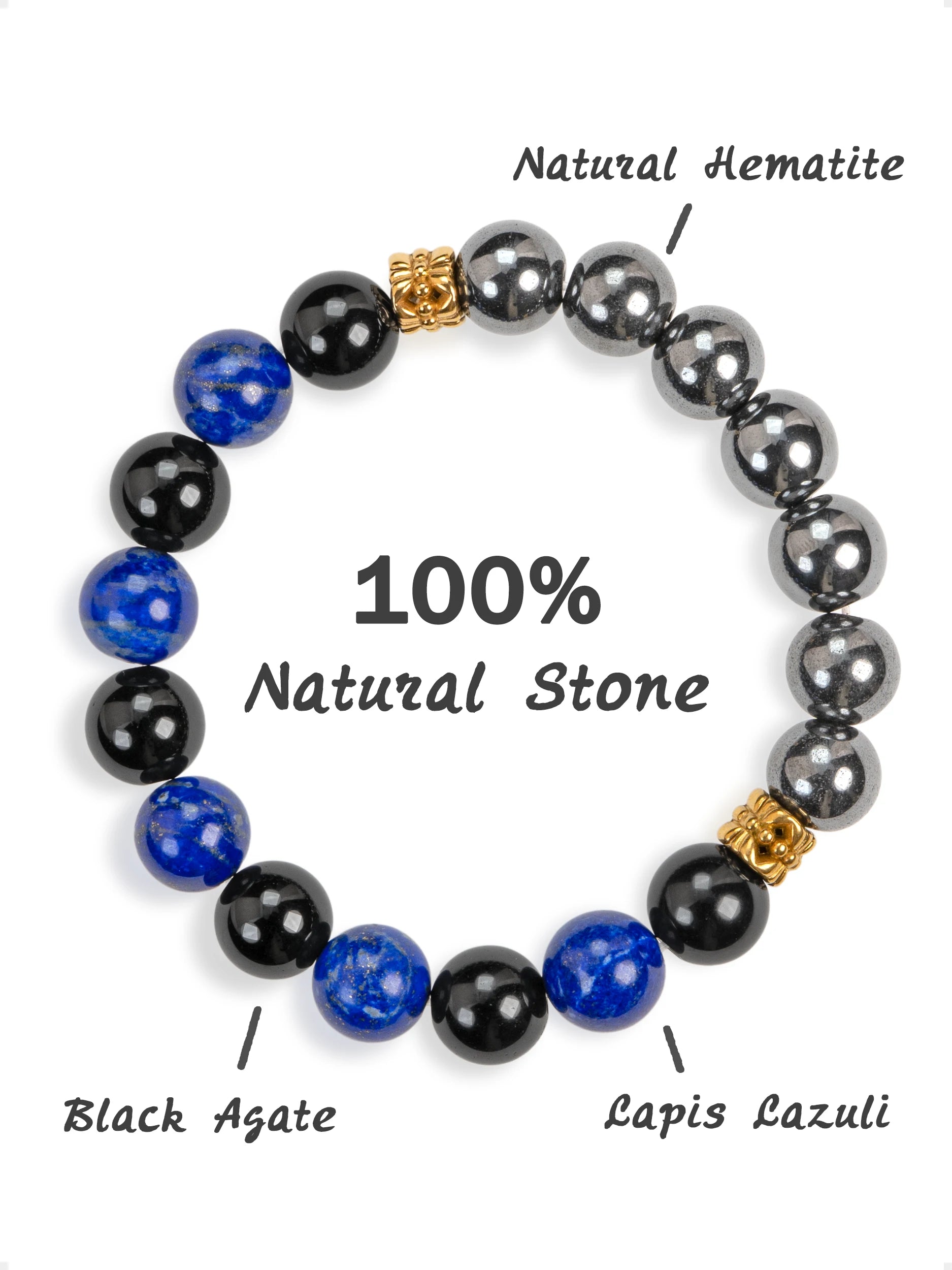 SENLLY Midnight Resolve - Beaded Stretch Bracelet with Natural Hematite, Lapis Lazuli & Black Agate, Handcrafted Natural Stone Jewelry for Strength, Clarity & Protection