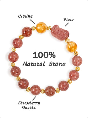 SENLLY Strawberry Fortune - Beaded Stretch Bracelet with Strawberry Quartz, Citrine & Pixiu Charm, Handmade Natural Stone Jewelry for Luck, Warmth & Emotional Balance