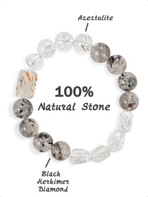 SENLLY Crystal Ascension - Beaded Stretch Bracelet with Natural Azeztulite & Black Herkimer Diamond, Handcrafted Natural Stone Jewelry for Clarity, Elevation & Inner Light