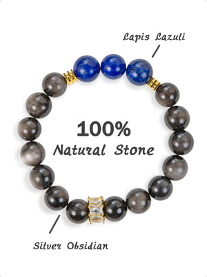 SENLLY Nightfall Insight - Beaded Stretch Bracelet with Natural Lapis Lazuli & Silver Obsidian, Handcrafted Natural Stone Jewelry for Clarity, Strength & Emotional Balance
