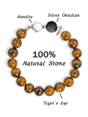 SENLLY Golden Vanguard - Beaded Stretch Bracelet with Natural Tiger Eye, Silver Obsidian & Howlite, Handcrafted Natural Stone Jewelry for Strength, Confidence & Grounding