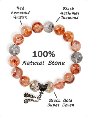 SENLLY Ember Wing - Beaded Stretch Bracelet with Red Hematoid Quartz, Black Herkimer Diamond & Black Gold Super Seven, Handmade Natural Stone Jewelry for Clarity, Strength & Balance