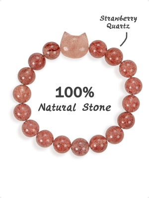 SENLLY Strawberry Whisker - Beaded Stretch Bracelet with Strawberry Quartz & Cat Head Carving, Handmade Natural Stone Jewelry for Joy, Warmth & Emotional Balance