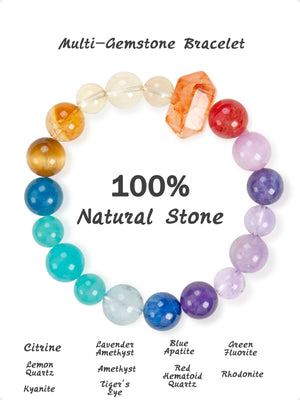 SENLLY Spectrum Harmony - Multi-Gemstone Beaded Bracelet with Natural Citrine, Amethyst & Blue Apatite, Handcrafted Natural Stone Jewelry with Faceted Red Hematoid Crystal Accent