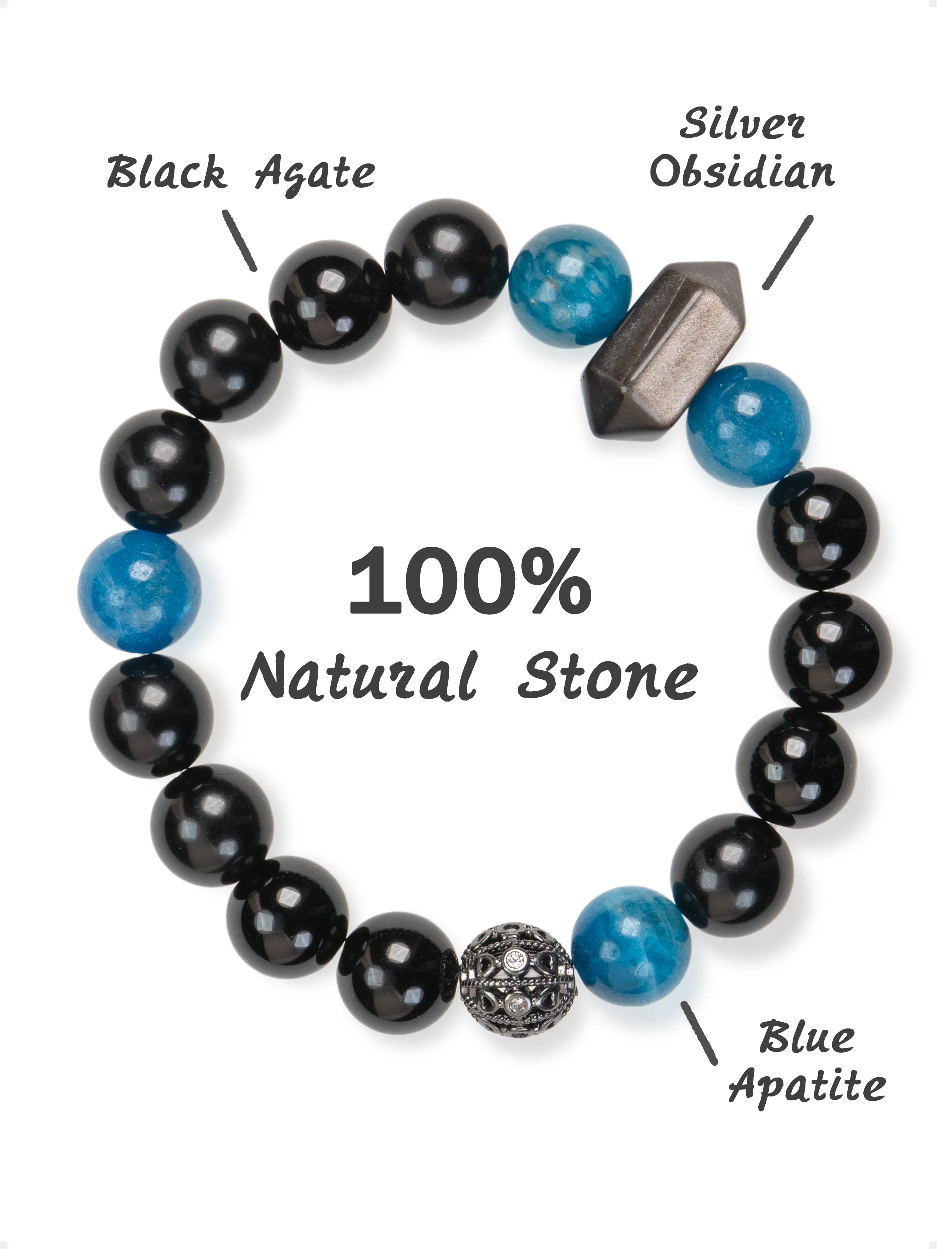 SENLLY Midnight Tide - Bracelet with Blue Apatite, Black Agate & Silver Obsidian, Handcrafted Natural Stone Jewelry for Focus, Confidence & Grounding Energy