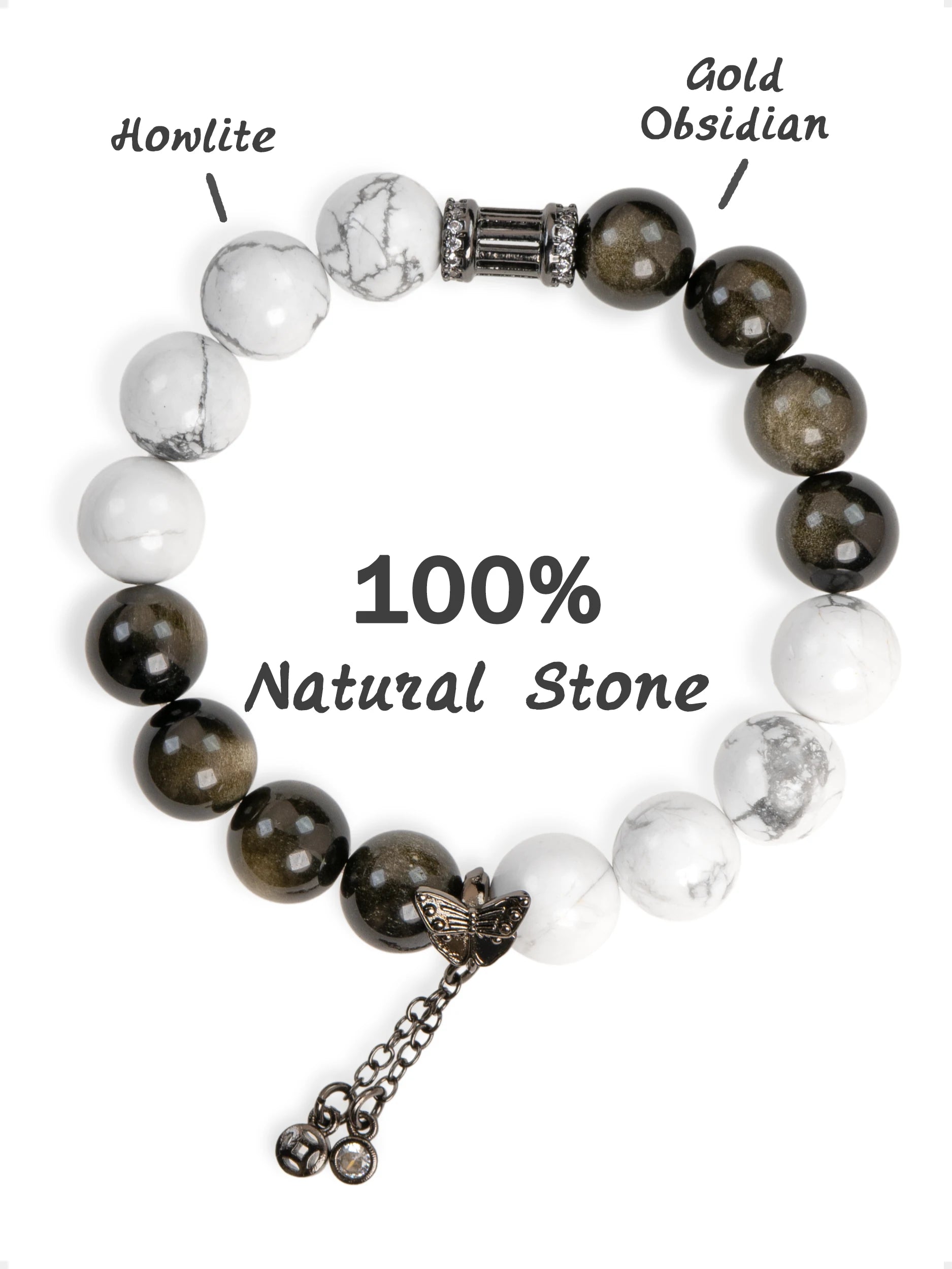 SENLLY Shadow Marble - Beaded Stretch Bracelet with Natural Howlite & Gold Obsidian, Handcrafted Natural Stone Jewelry for Balance, Protection & Grounding