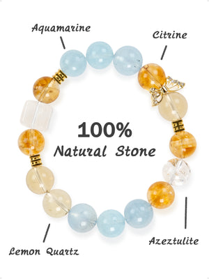 SENLLY Dawn Breeze - Beaded Stretch Bracelet with Aquamarine, Citrine, Lemon Quartz & Azeztulite, Handmade Natural Stone Jewelry for Clarity, Renewal & Balance