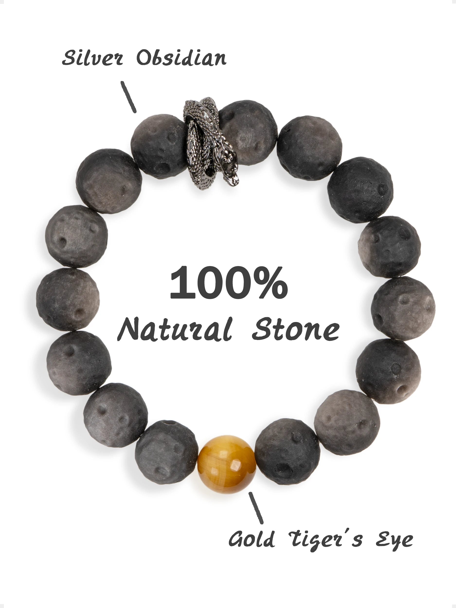 SENLLY Shadow Serpent - Silver Obsidian Bracelet with Gold Tiger Eye Accent, Handcrafted Natural Stone Jewelry for Protection, Focus & Grounded Strength