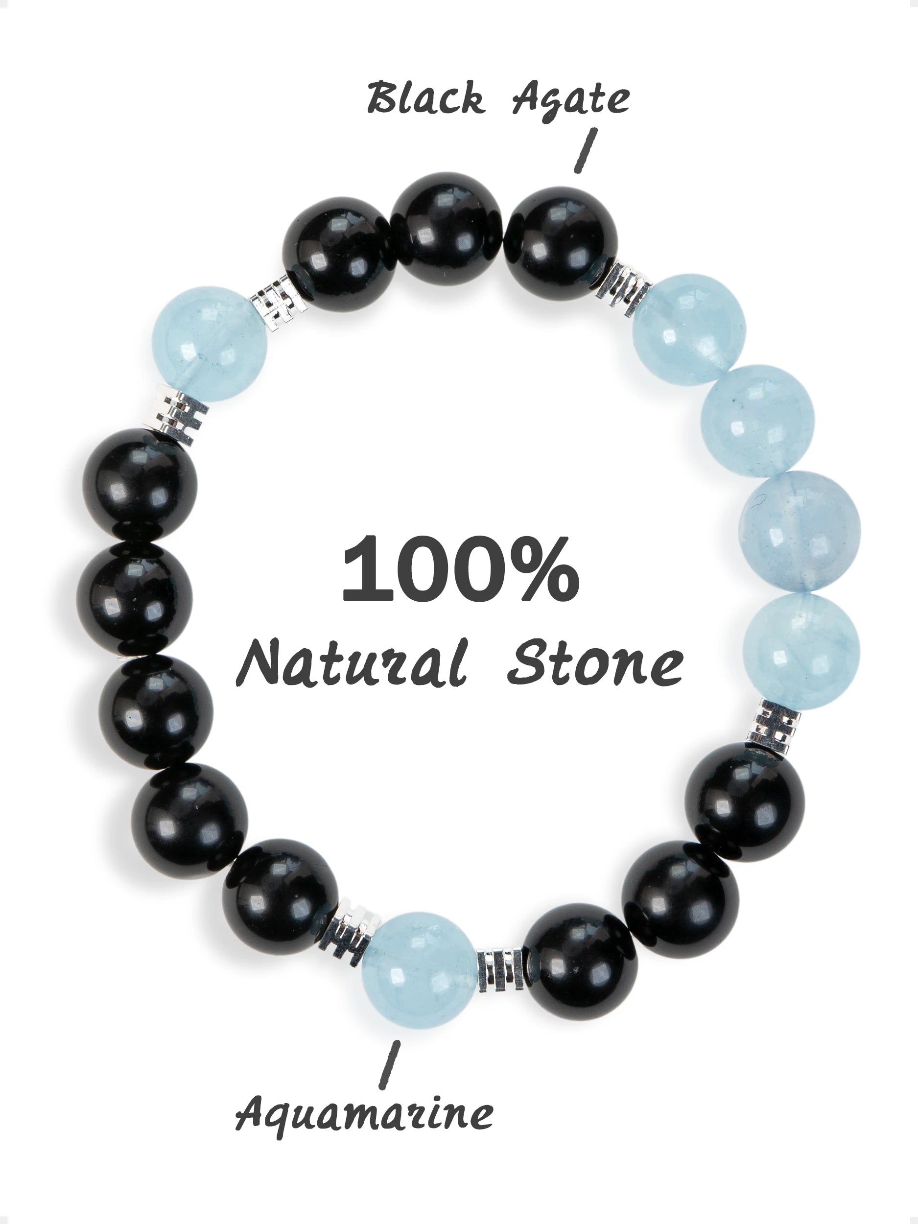 SENLLY Ocean Focus - Beaded Stretch Bracelet with Natural Aquamarine & Black Agate, Handcrafted Natural Stone Jewelry for Clarity, Strength & Balance