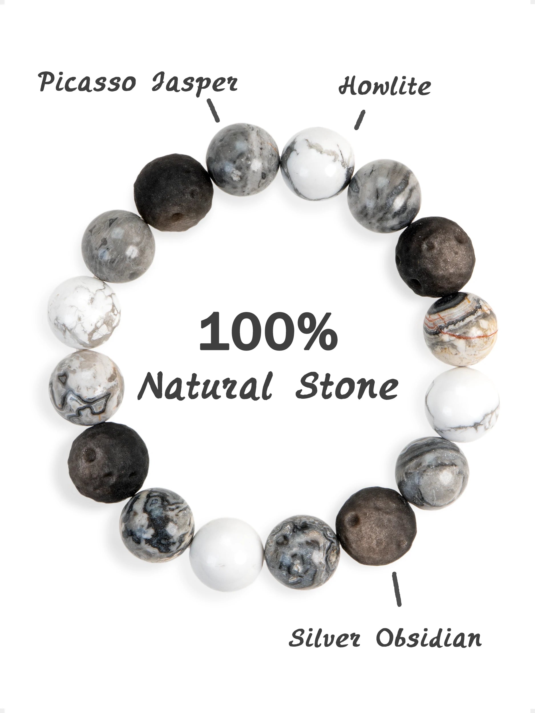 SENLLY Stone Equinox - Beaded Stretch Bracelet with Natural Picasso Jasper, Silver Obsidian & Howlite, Handcrafted Natural Stone Jewelry for Balance, Clarity & Inner Strength