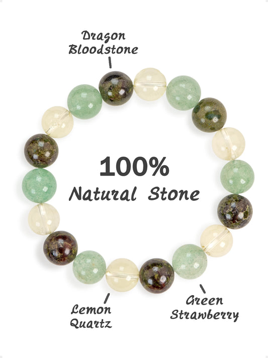 SENLLY Meadow Harmony - Beaded Stretch Bracelet with Natural Dragon Bloodstone, Green Strawberry Quartz & Lemon Quartz, Handcrafted Natural Stone Jewelry for Balance, Clarity & Inner Strength