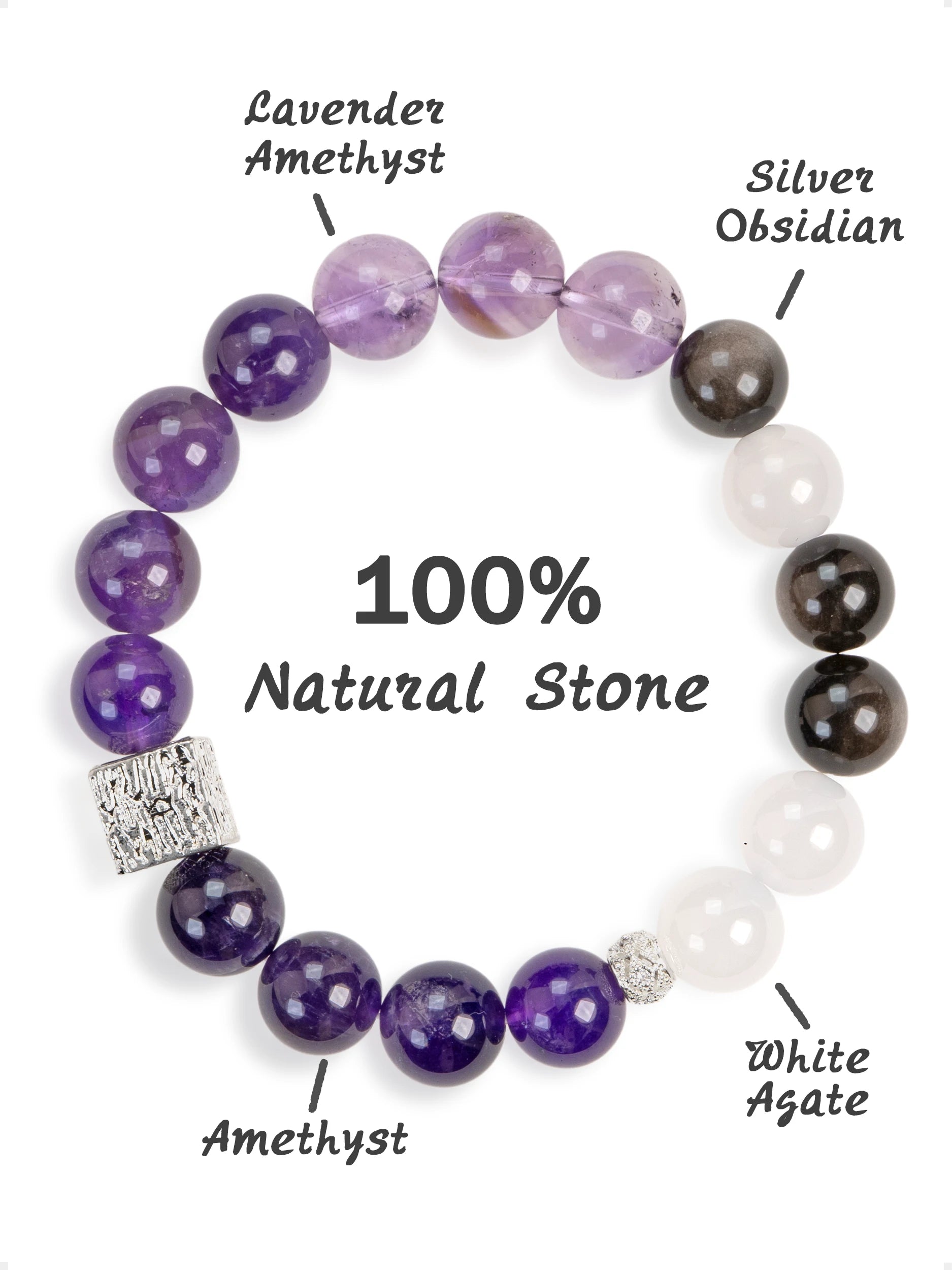 SENLLY Violet Axis - Beaded Stretch Bracelet with Natural Amethyst, Lavender Amethyst & Silver Obsidian, Handcrafted Natural Stone Jewelry for Calm, Clarity & Inner Balance