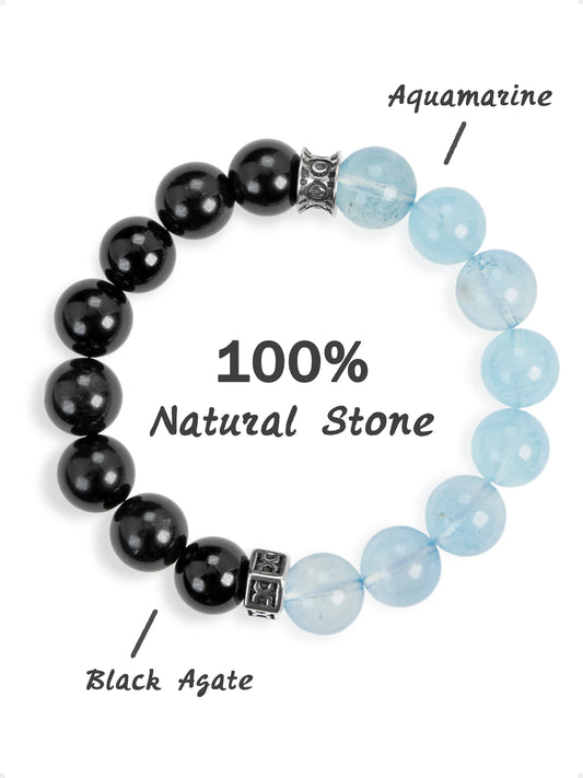 SENLLY Ocean Night - Bracelet with Aquamarine & Black Agate, Handcrafted Natural Stone Jewelry for Calm Focus, Clarity & Everyday Balance