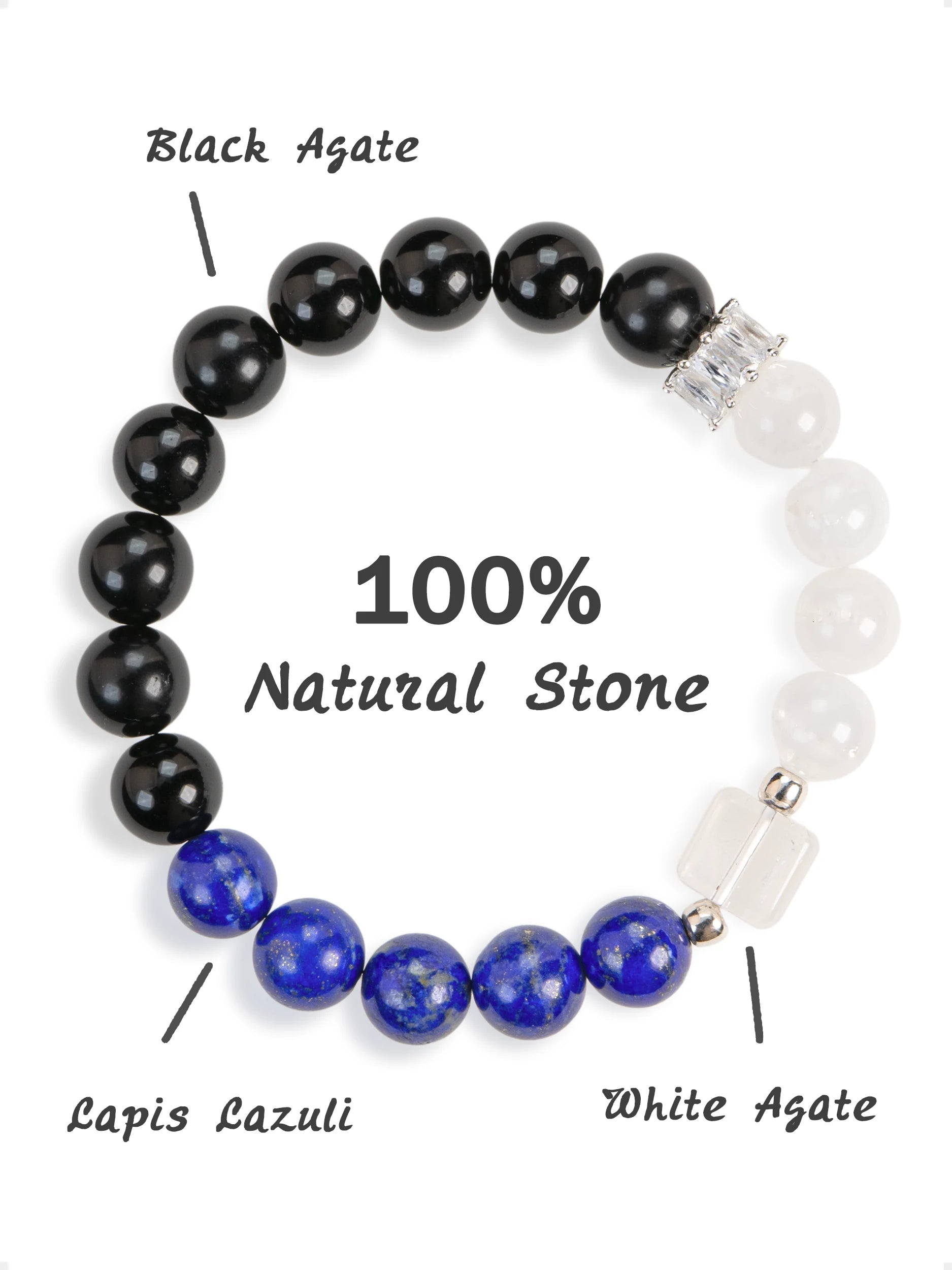 SENLLY Midnight Square - Beaded Stretch Bracelet with Lapis Lazuli, White Agate & Black Agate, Handmade Natural Stone Jewelry with Square Gem Accent