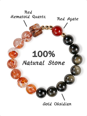 SENLLY Ember Force - Beaded Stretch Bracelet with Natural Red Hematoid Quartz, Red Agate & Gold Obsidian, Handcrafted Natural Stone Jewelry for Strength, Protection & Emotional Balance
