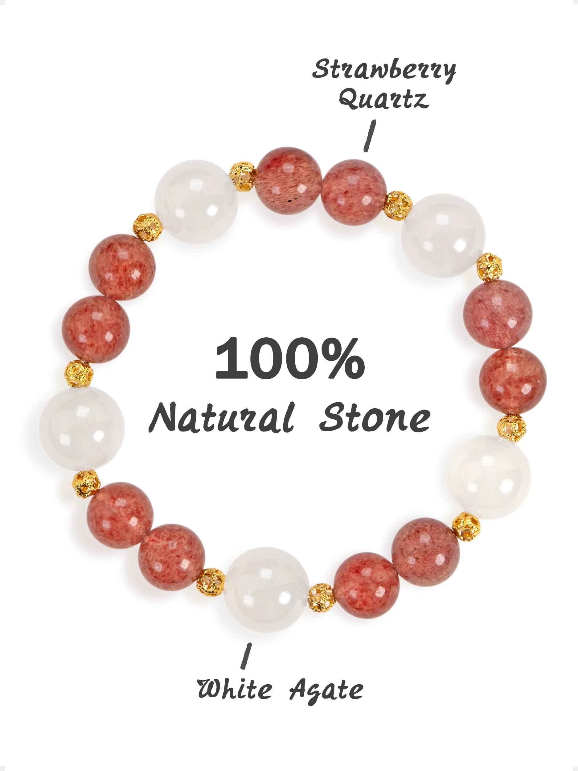 SENLLY Strawberry Bloom - Beaded Stretch Bracelet with Natural Strawberry Quartz & White Agate, Handcrafted Natural Stone Jewelry for Love, Calm & Emotional Balance
